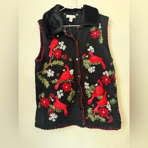 Kim Rogers Women Ugly Christmas Sweater Vest M Cardinal Holiday Black Granny Vtg